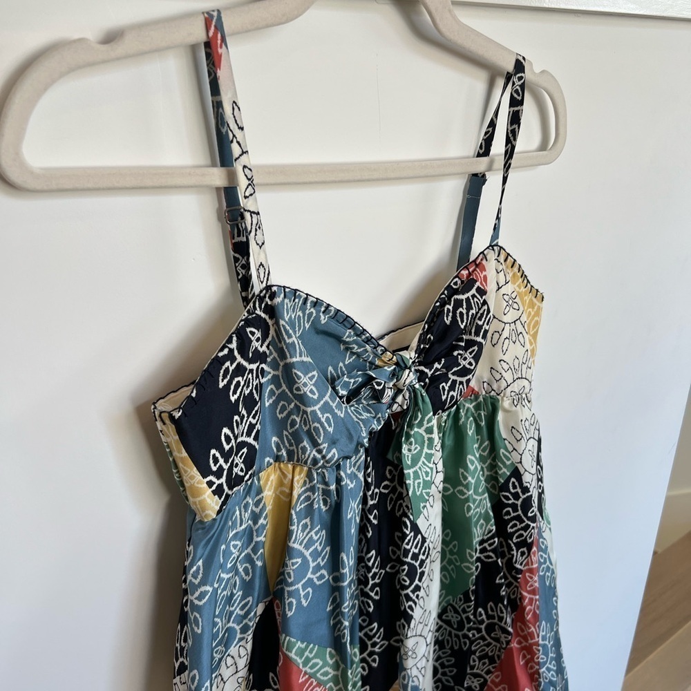 BCBG MAXAZRIA Spaghetti Strap Quilt Patchwork Mini Baby-doll Dress Bow Chest - Picture 7 of 16